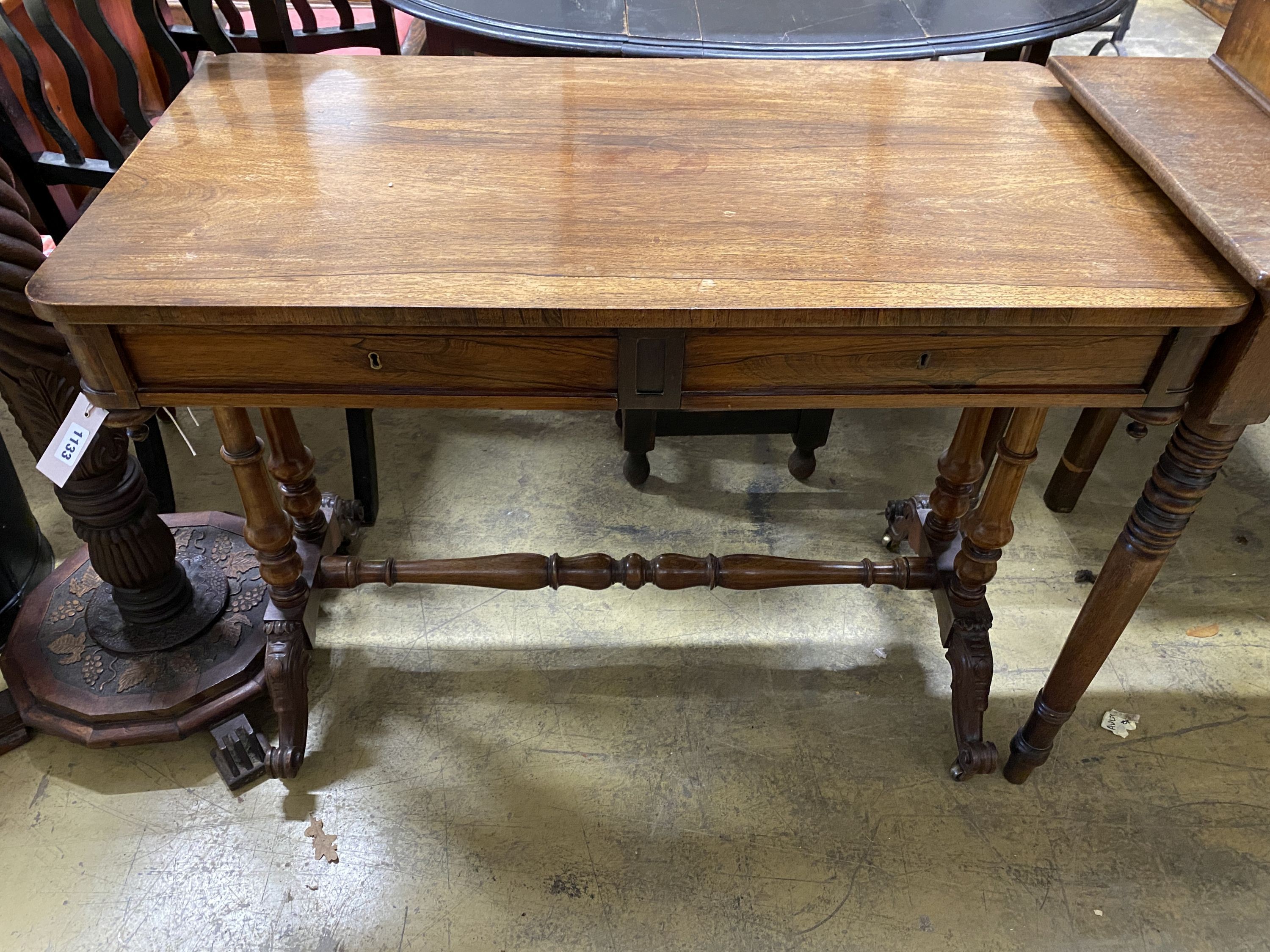 A Victorian rectangular rosewood two drawer side table, width 92cm, depth 50cm, height 73cm